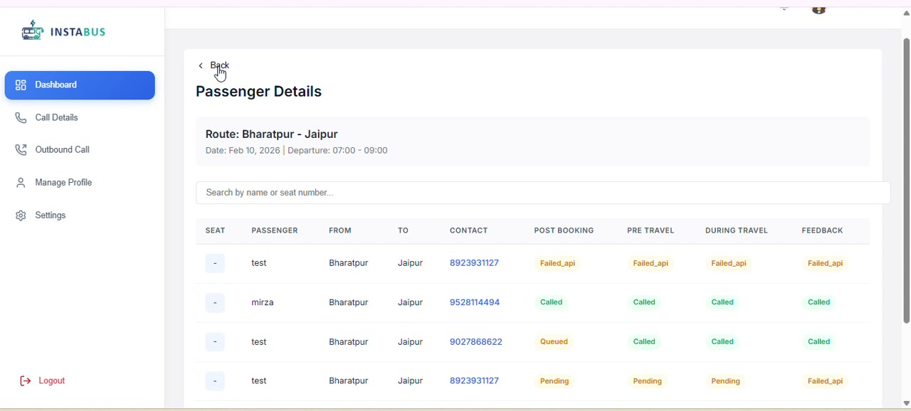 InstaBus voice agent dashboard